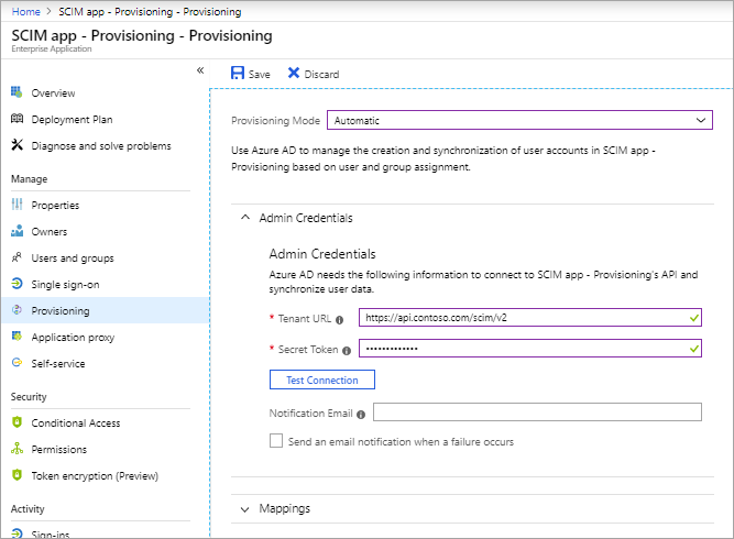 Screenshot of app provisioning page in the Azure portal.