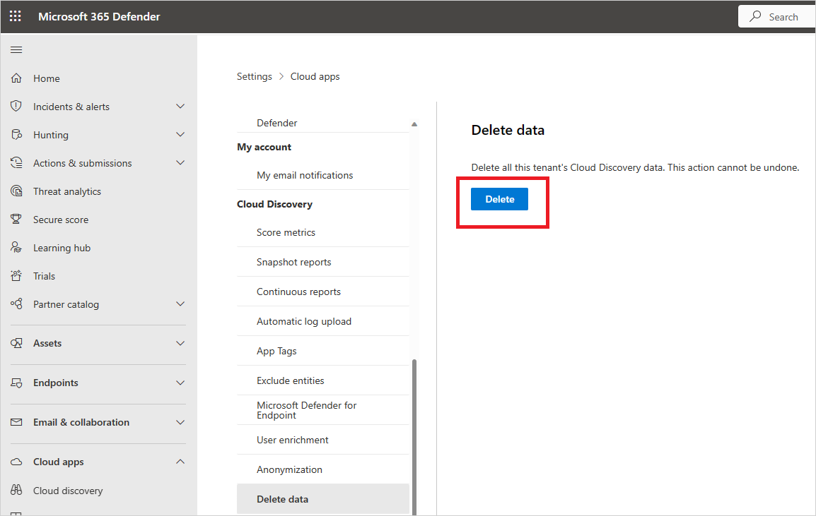 delete data Screenshot of deleting cloud discovery data.