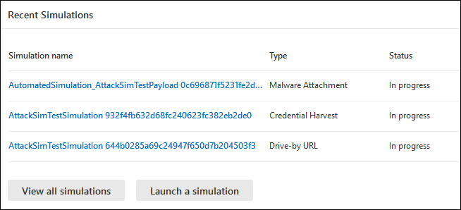The Recent simulations card on the Overview tab in Attack simulation training in the Microsoft Defender portal.