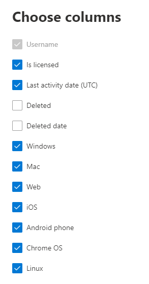 Teams user device report - choose columns.