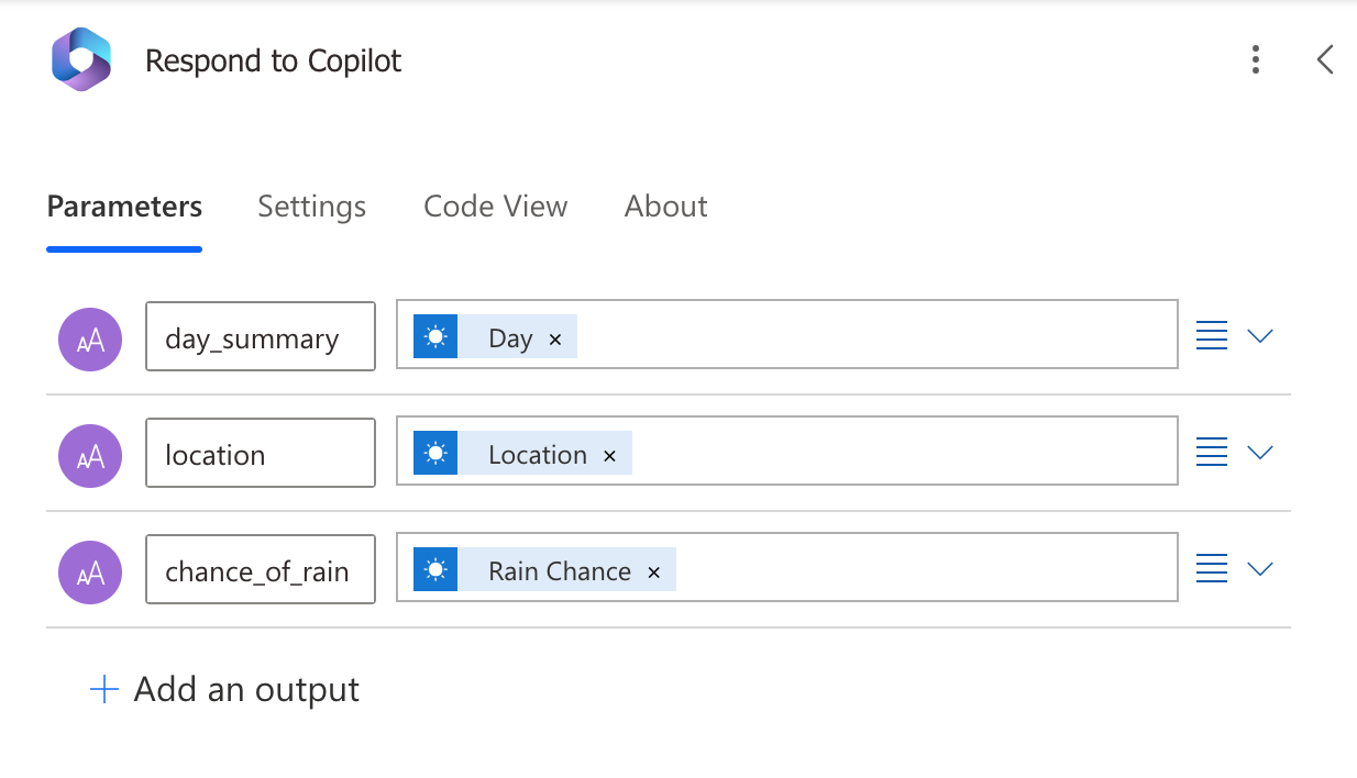 Screenshot of dynamic output variables added to the flow response action.