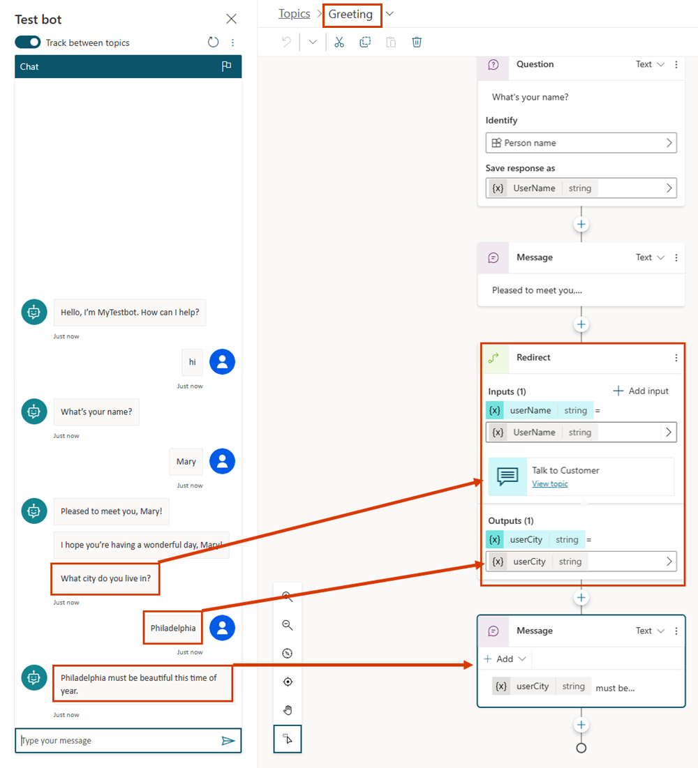 Screenshot of the Greeting topic conversation flow with a returned variable in a Redirect node.