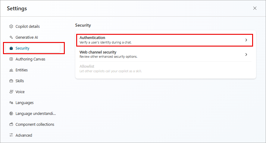 Screenshot of the Security page under the Settings menu, highlighting the Authentication card.