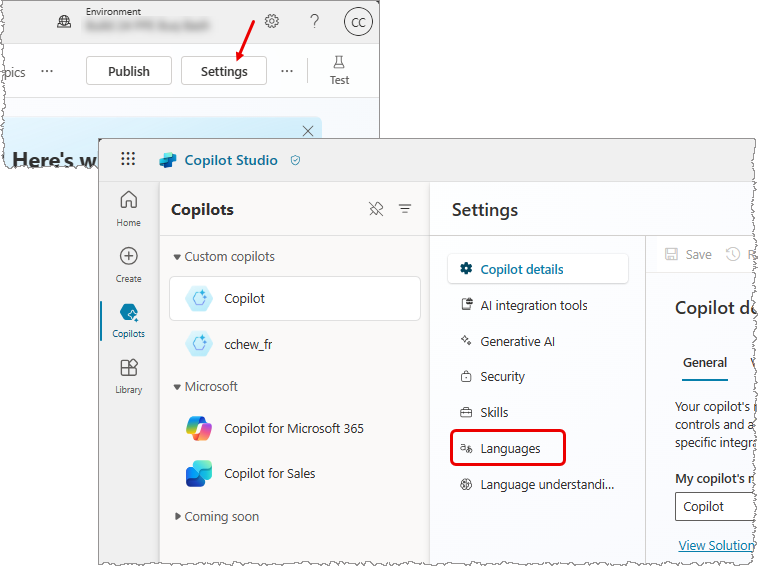 Two screens showing steps to navigate to Languages configuration.