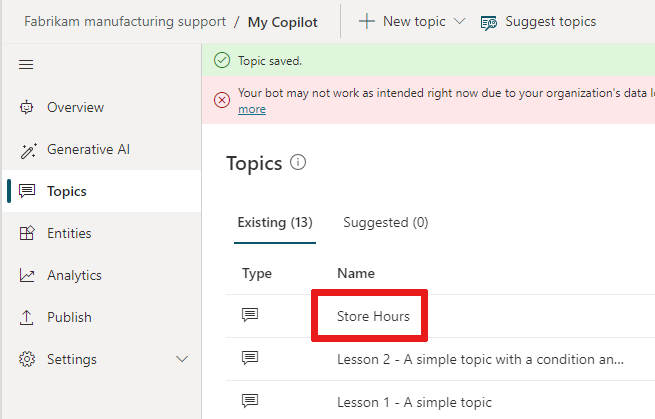 Selecting a topic will take you to the authoring canvas