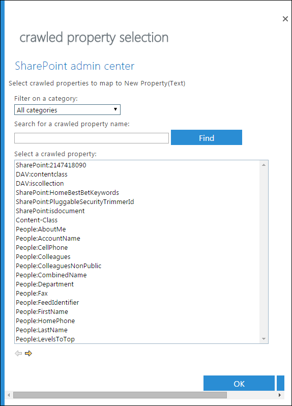 crawled property selection dialog box.