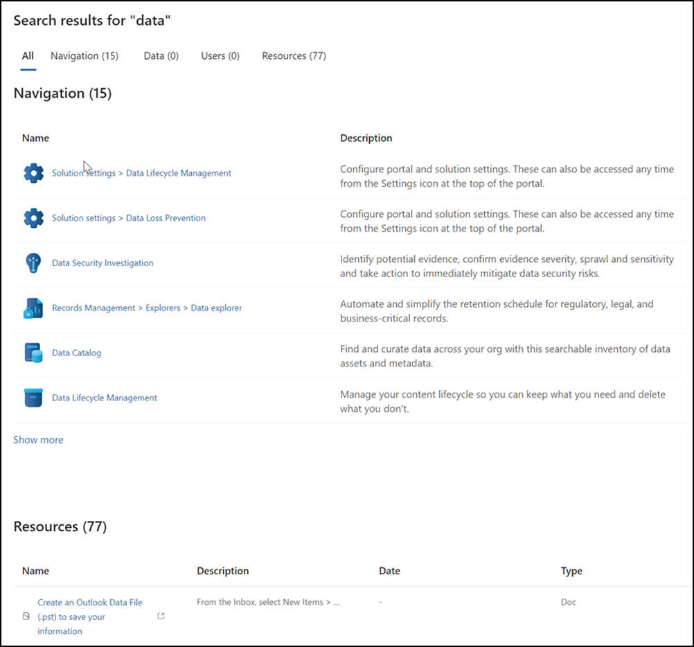 Microsoft Purview portal search results.