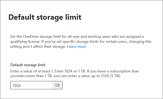 Default storage limit in the SharePoint admin center