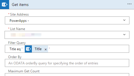 Screenshot to type the title in the Filter Query field on the Get items step.
