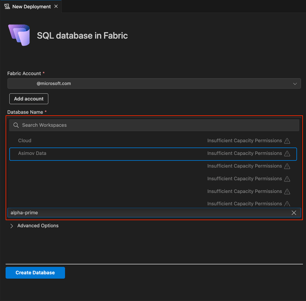 Screenshot of workspace dropdown showing disabled workspaces due to capacity constraints.