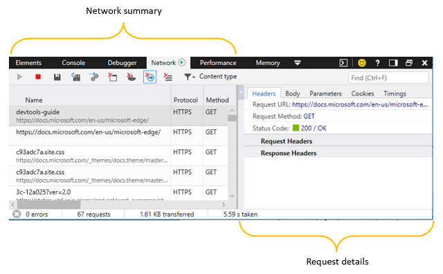 The Microsoft Edge DevTools Network panel
