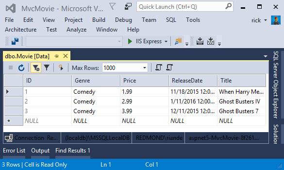 Movie table open showing table data