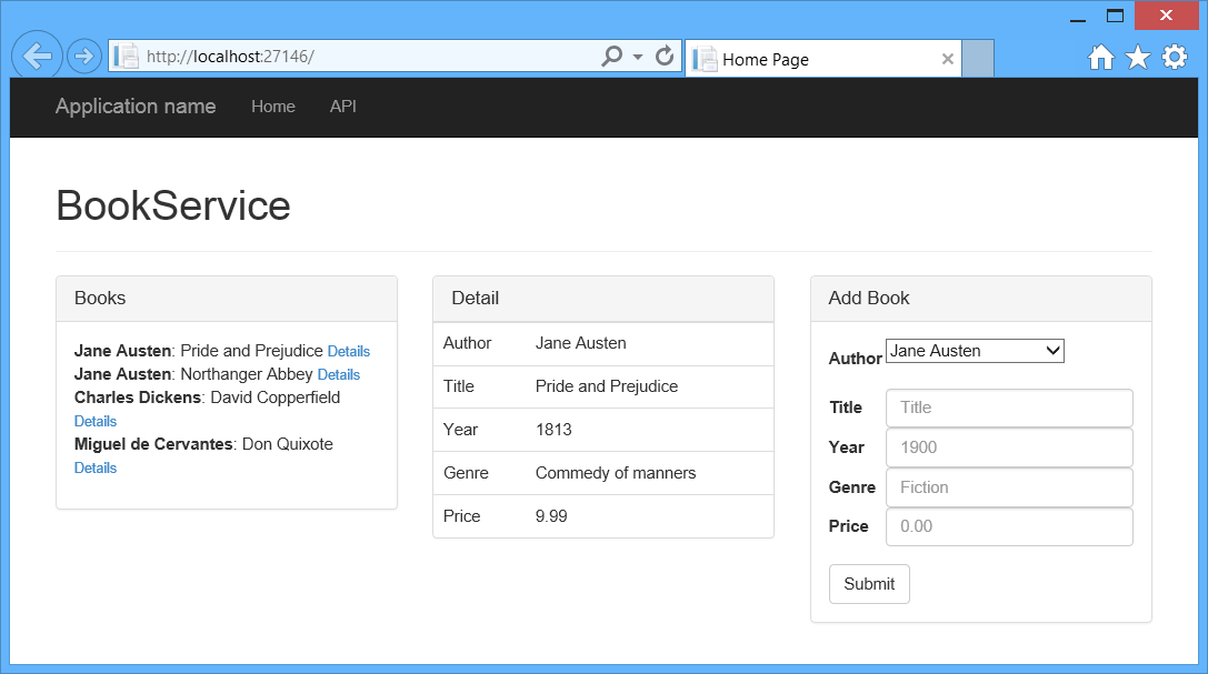 Screenshot of the created application window, Book Service, showing the Books, Detail, and Add Book panes.