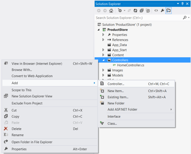 Screenshot of the Solutions Explorer controllers menu. The add option is selected and Controller is highlighted.