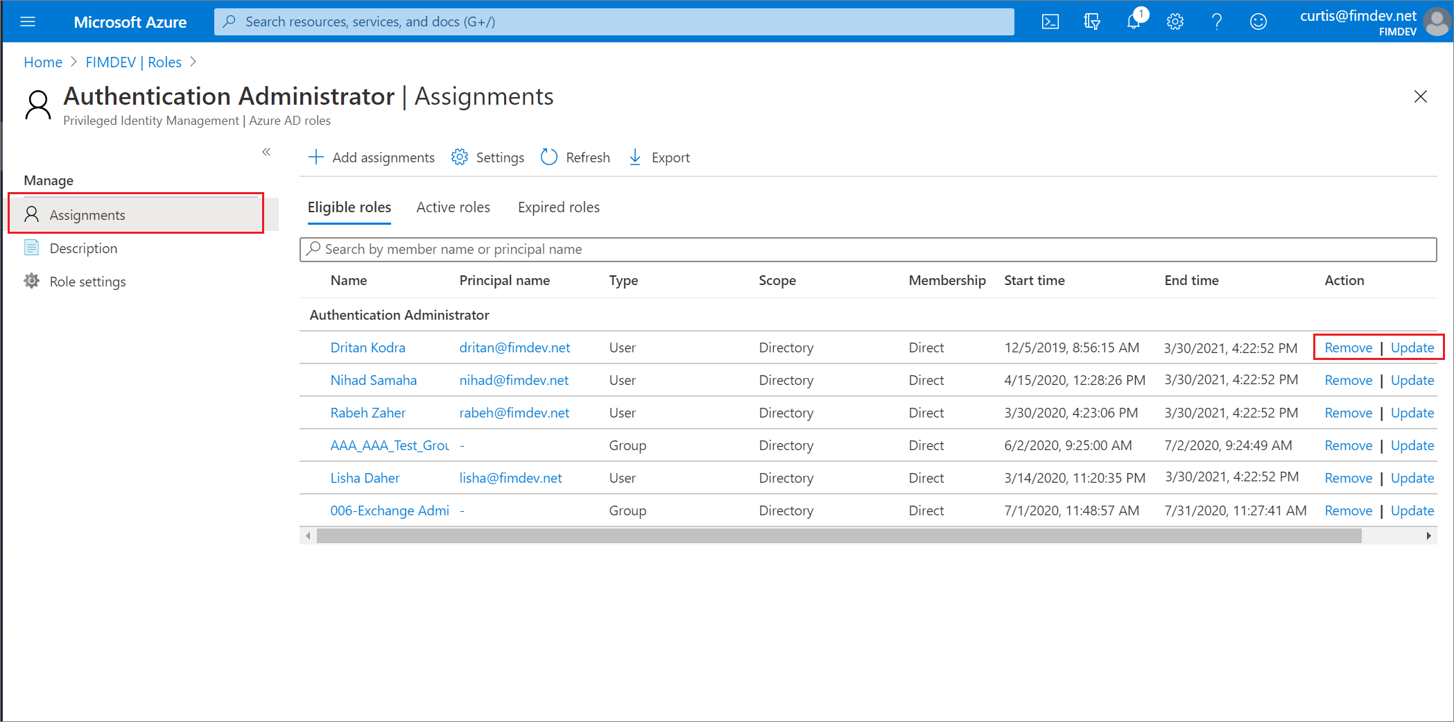 Screenshot showing how to update or remove role assignment.