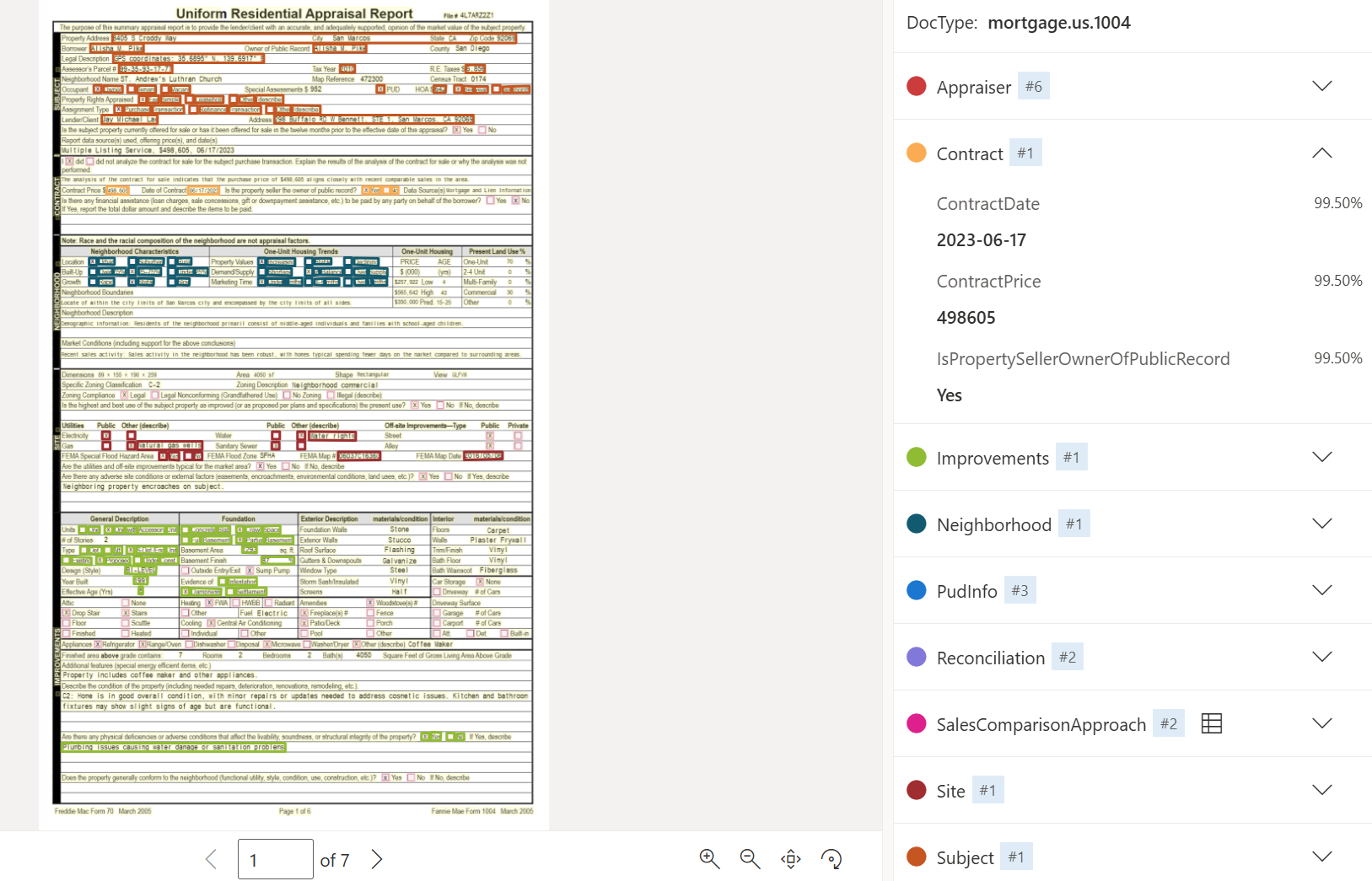 Screenshot of US Mortgage 1004 document model analysis using Document Intelligence Studio.