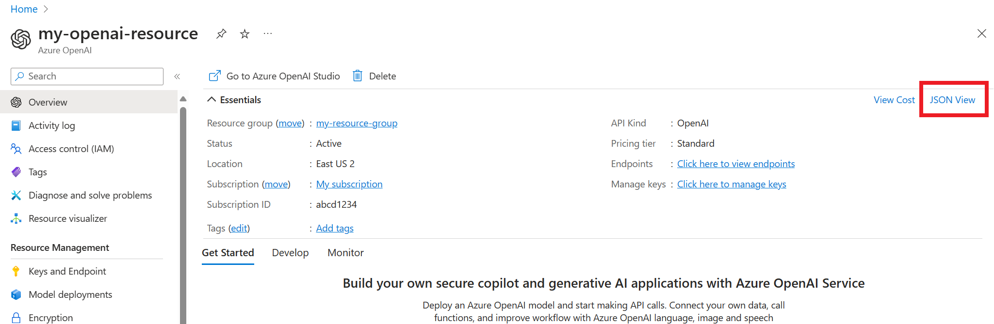 A screenshot showing the JSON view option for resources in the Azure portal.