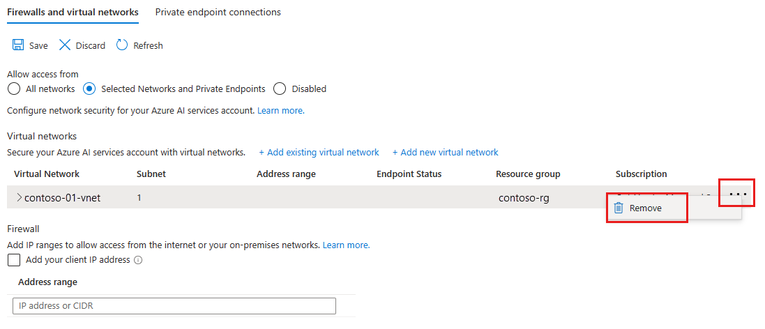 Screenshot shows the option to remove a virtual network.