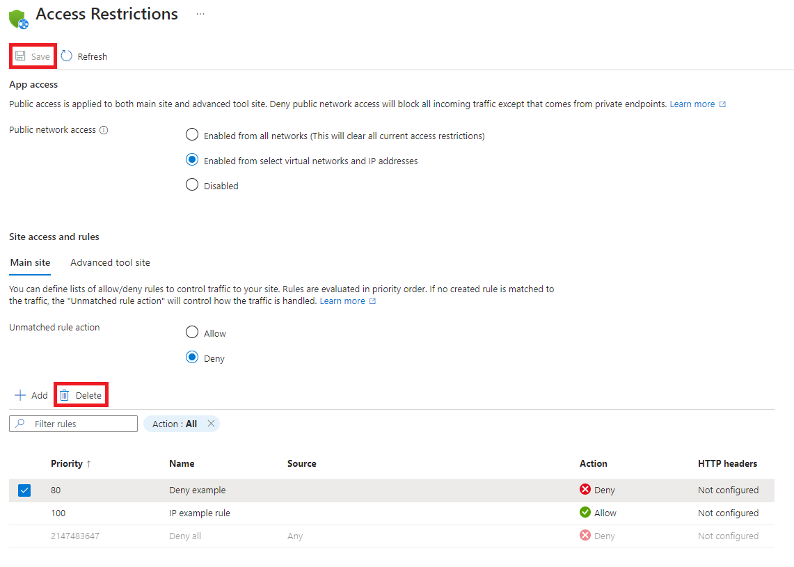 Screenshot of the 'Access Restrictions' page, showing the 'Remove' ellipsis next to the access restriction rule to be deleted.