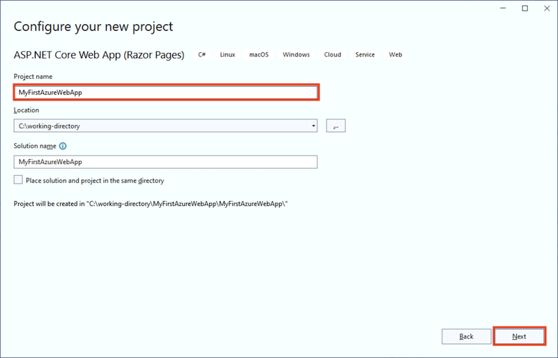 Screenshot of Visual Studio - Configure ASP.NET 7.0 web app.