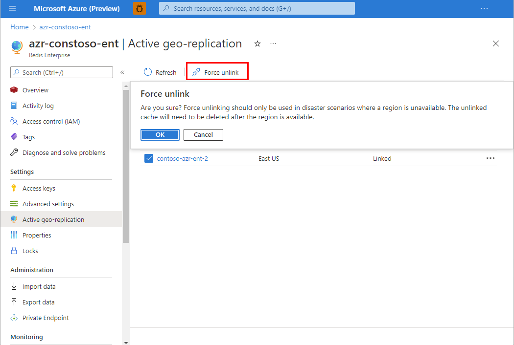 Screenshot of unlinking in active geo-replication.