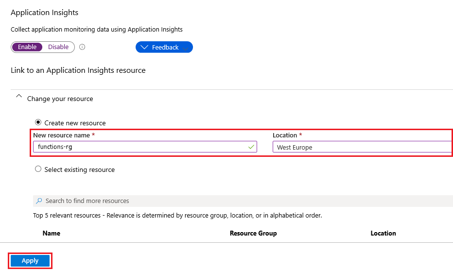 Screenshot that shows how to create an Application Insights resource.