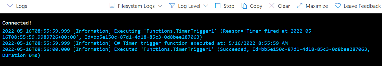 Screenshot showing the View the timer trigger page in the Azure portal.