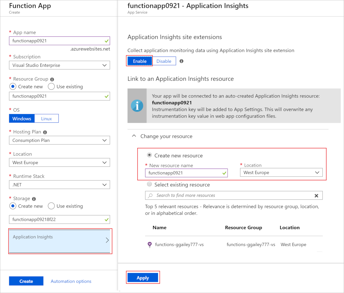 Screenshot that shows how to enable Application Insights while creating a function app.