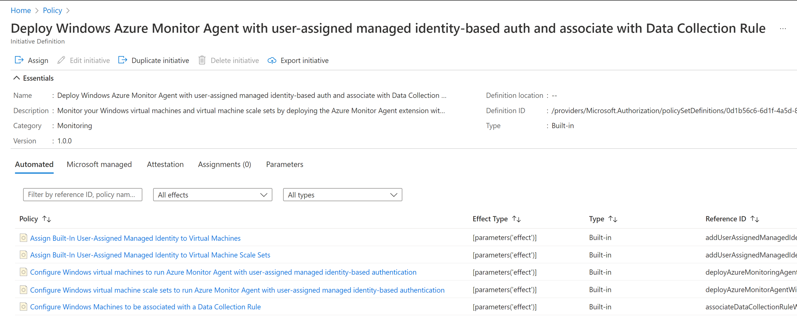 Partial screenshot from the Azure Policy Definitions page that shows two built-in policy initiatives for configuring Azure Monitor Agent.