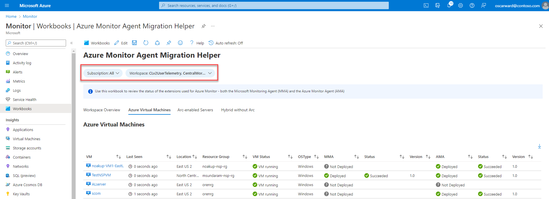Screenshot of the Azure Monitor Agent Migration Helper workbook. The screenshot highlights the Subscription and Workspace dropdowns and shows the Azure Virtual Machines tab, on which you can track which agent is deployed on each virtual machine.