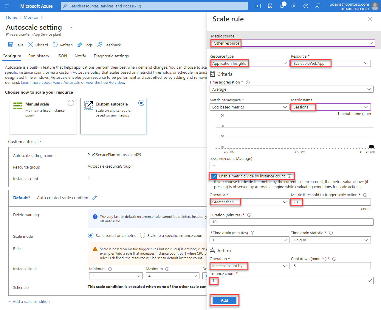 Screenshot that shows the Scale rule page where you configure the scale-out rule.