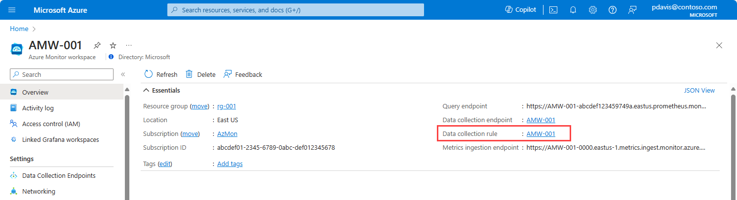 A screenshot showing the data collection rule link on the Azure Monitor workspace page.