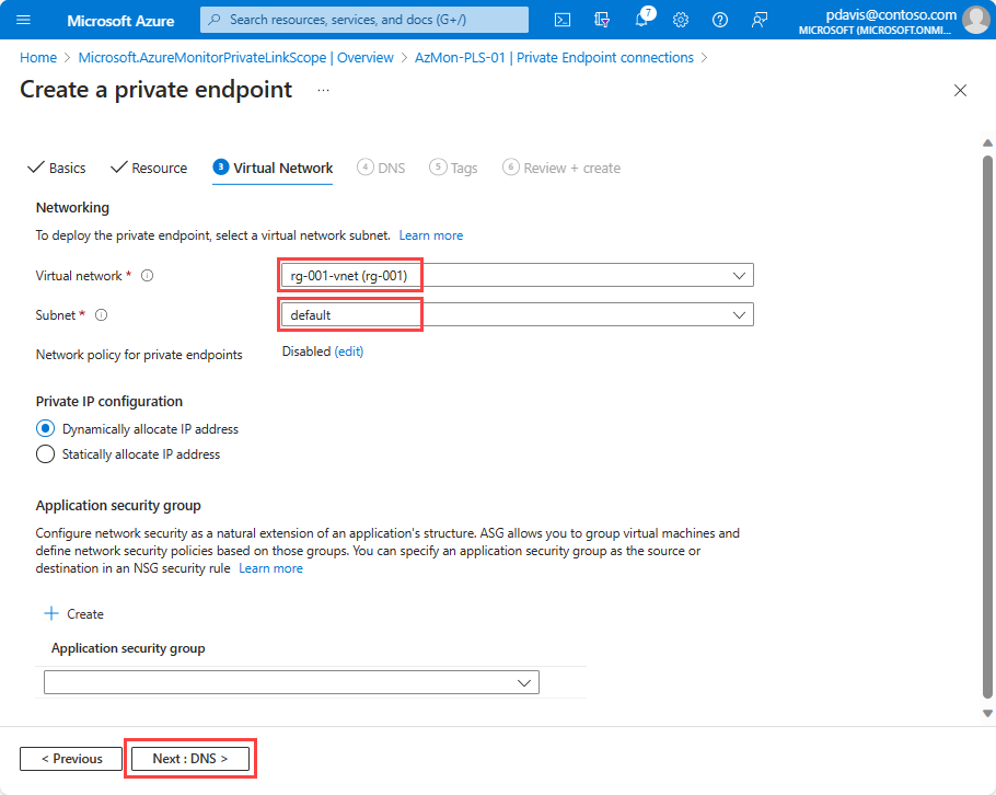 Screenshot that shows the Create a private endpoint page in the Azure portal with the Virtual Network tab selected.