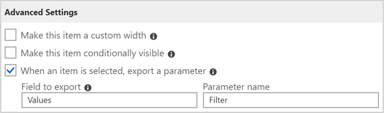 Screenshot that shows the Advanced Settings dialog for a Virtual Machines workbook with the 'When an item is selected, export a parameter' option checked.