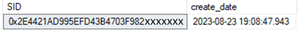 Screenshot of SSMS output for the SID of the application.