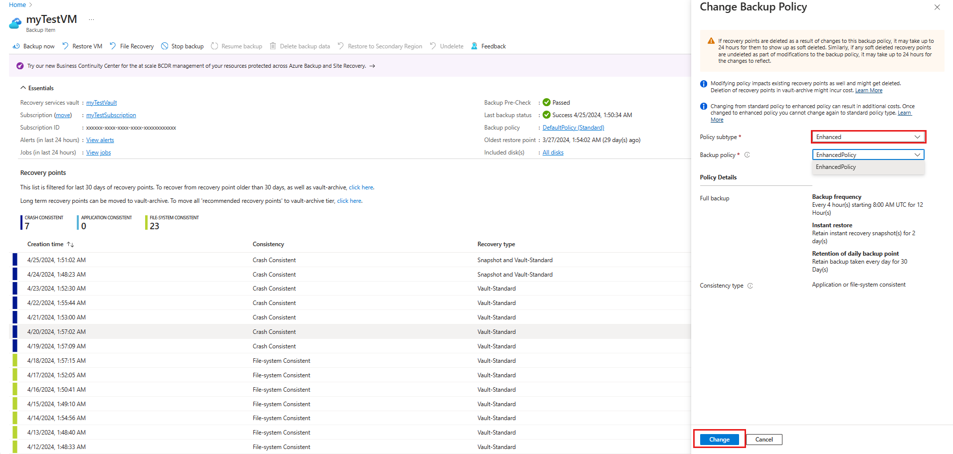 Screenshot shows how to change the Azure VM backup policy to enhanced.