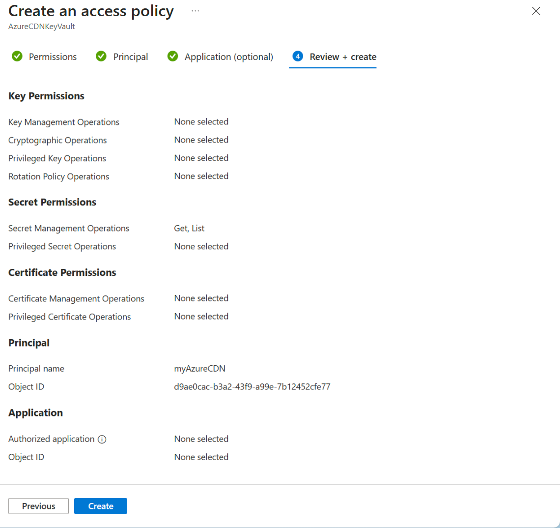Screenshot of the review and create tab for the Key Vault access policy.