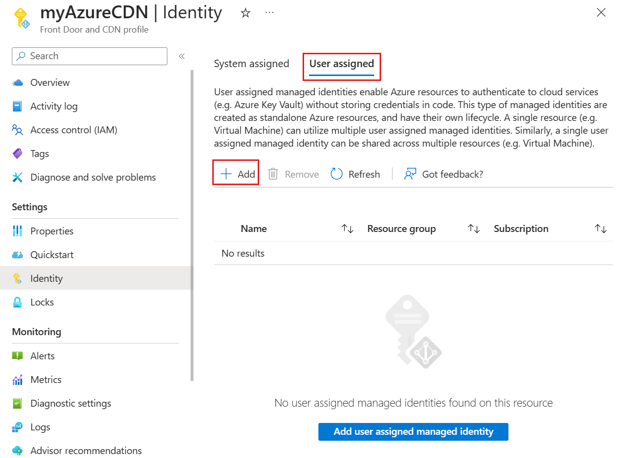Screenshot of the user assigned managed identity configuration page.