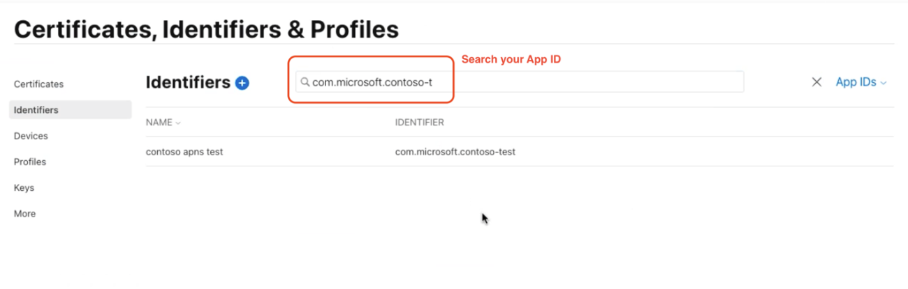Screenshot that shows selections for choosing an app ID.