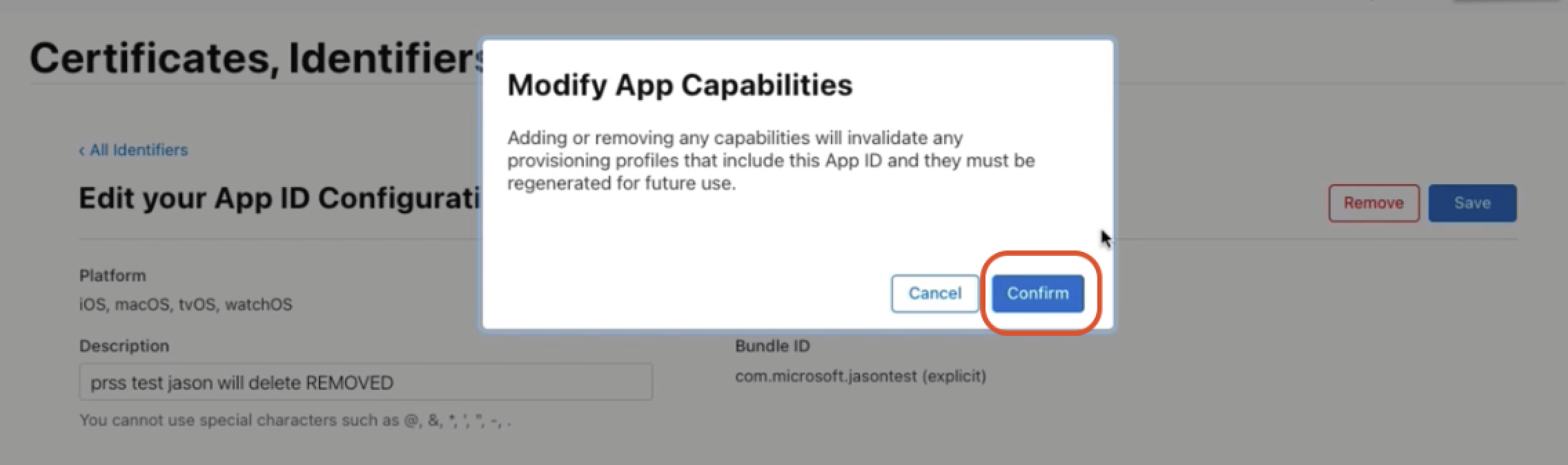 Screenshot that shows the Confirm button for modifying app capabilities.