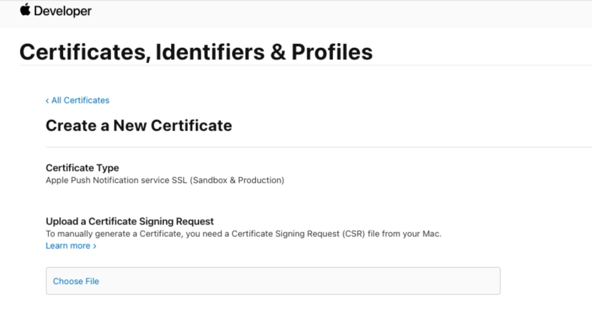 Screenshot that shows the option for uploading a certificate signing request.