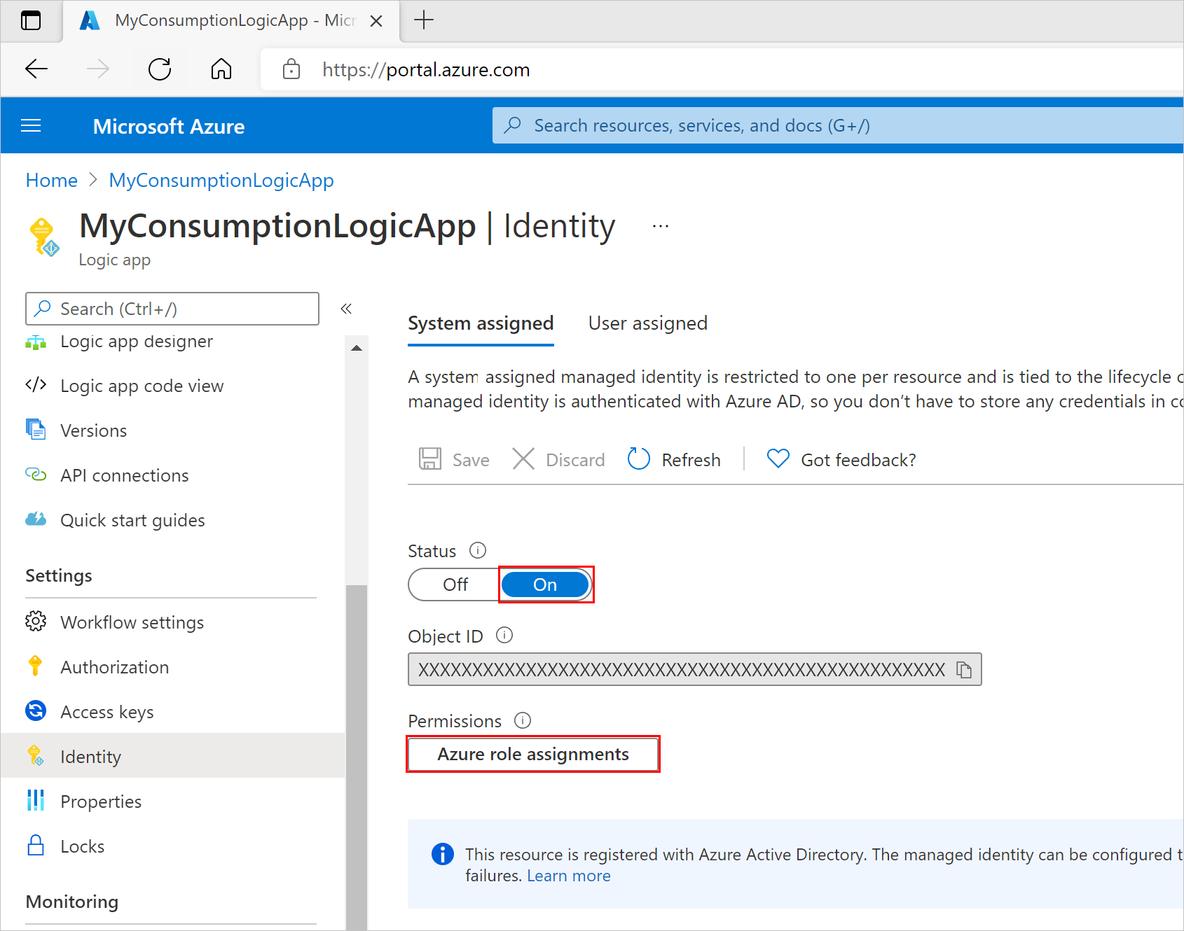 Screenshot showing the Azure portal and logic app resource menu with the 'Identity' settings pane and 'Azure role assignment permissions' button.