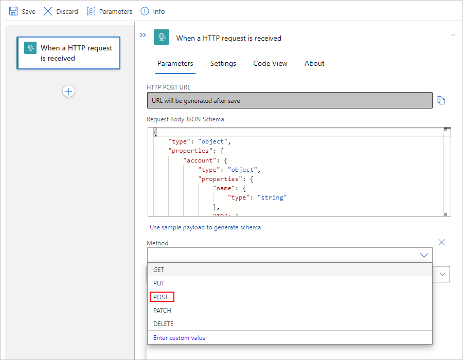 Screenshot showing Standard workflow, Request trigger, and the "Method" list opened with a method selected.