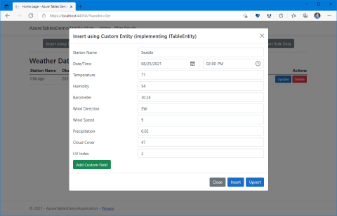 A screenshot of the application showing the dialog box used to insert data using an object with custom fields.