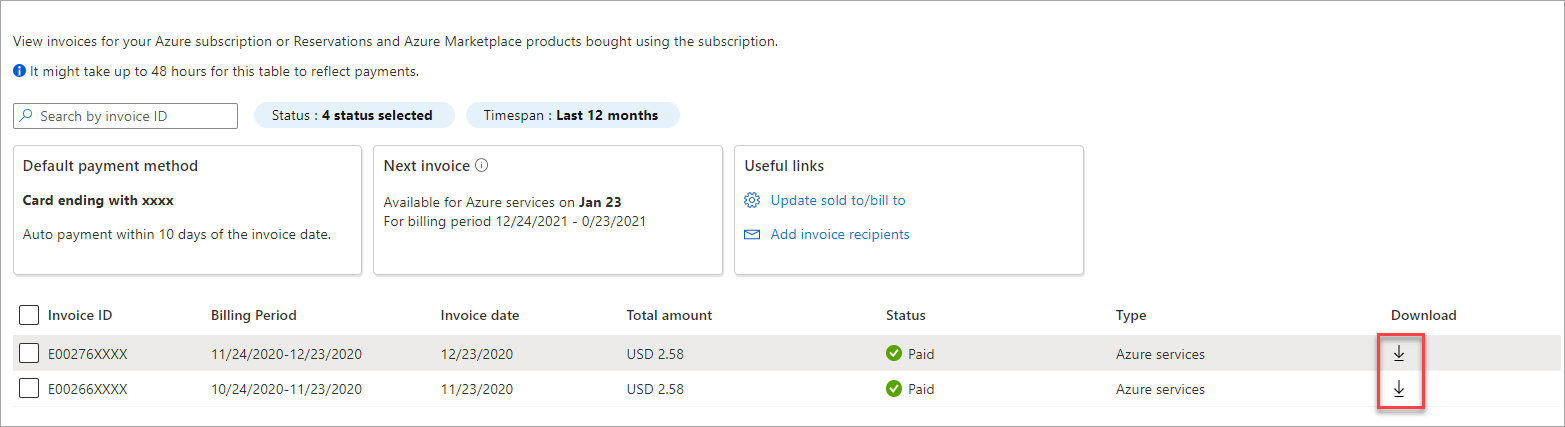 Screenshot that shows the Download invoice and usage page.