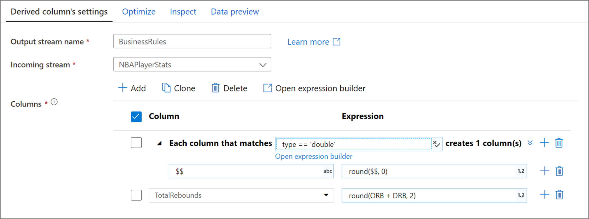 Screenshot shows the Derived column's settings tab.