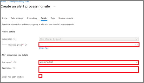 Screenshot of the Project details page for an alert processing rule in Azure Stack Edge. This page also shows Alert processing rule details.
