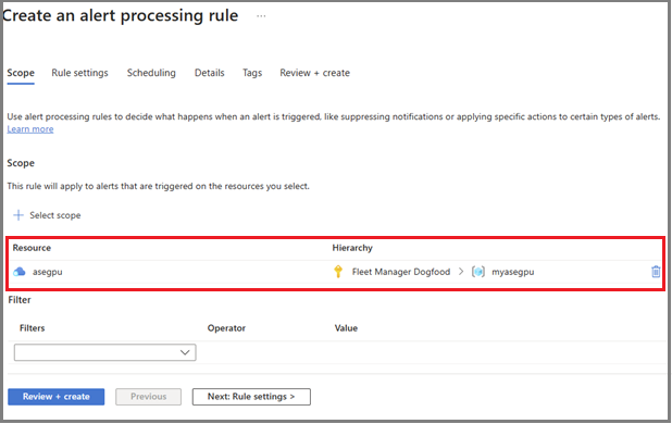 Screenshot of the filter control to reduce the list of options for setting the scope for alert processing rules in Azure Stack Edge.