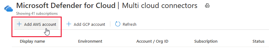 Add AWS account button on Security Center's multicloud connectors page