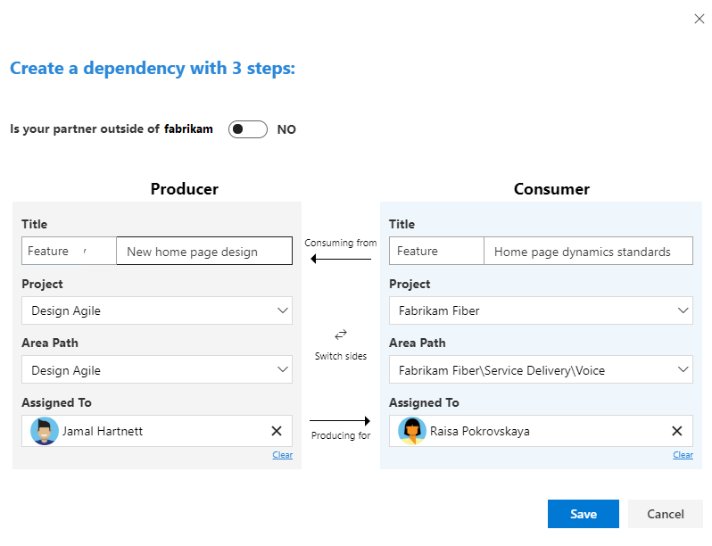 Screenshot of Create dependency dialog, create new work items to link.